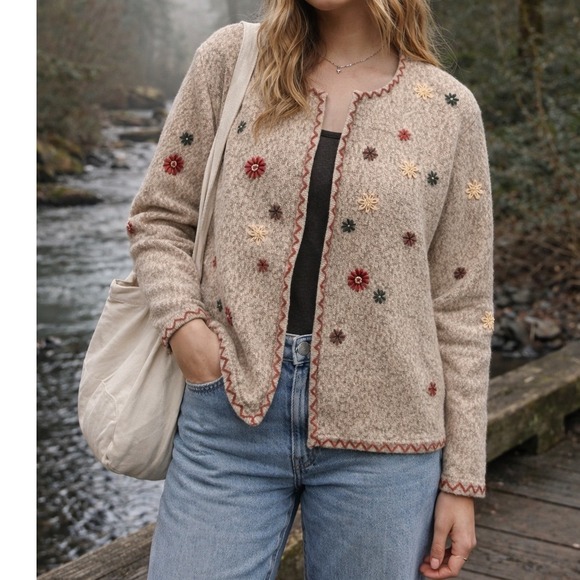 Vintage Sweaters - Vintage 90s Women's Hand Embroidered Floral Full Zip Natural Material Sweater- L